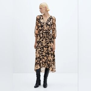 Mango Flowy Floral Midi Vneck Wrap Dress in Black+ Cream, Sz 4, NwoT, 3/4 Sleeve